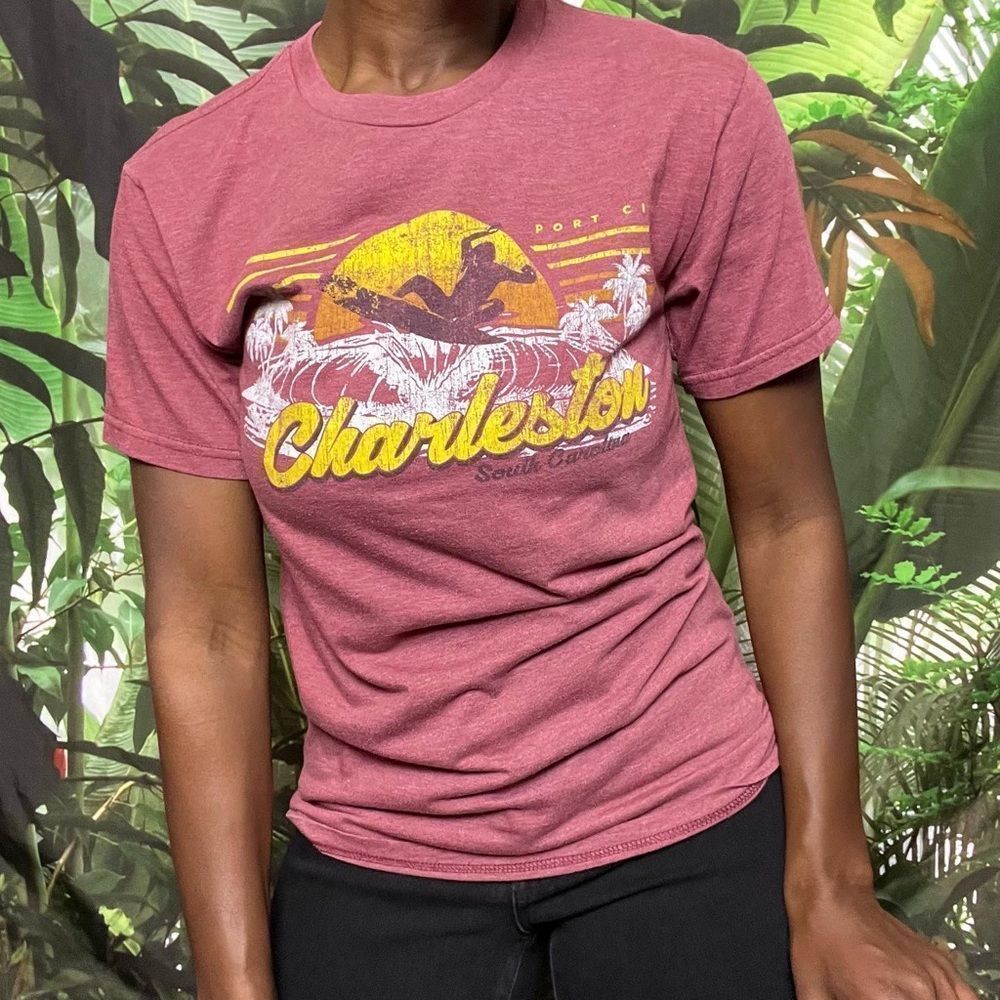 Charleston, South Carolina tshirt.  Faded burgundy surfer. Fits like a small